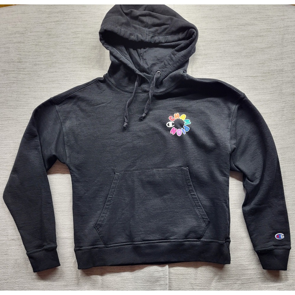 Champion Hoodie Sweatshirt Small Black Rainbow Logo Graphic Pullover Unisex